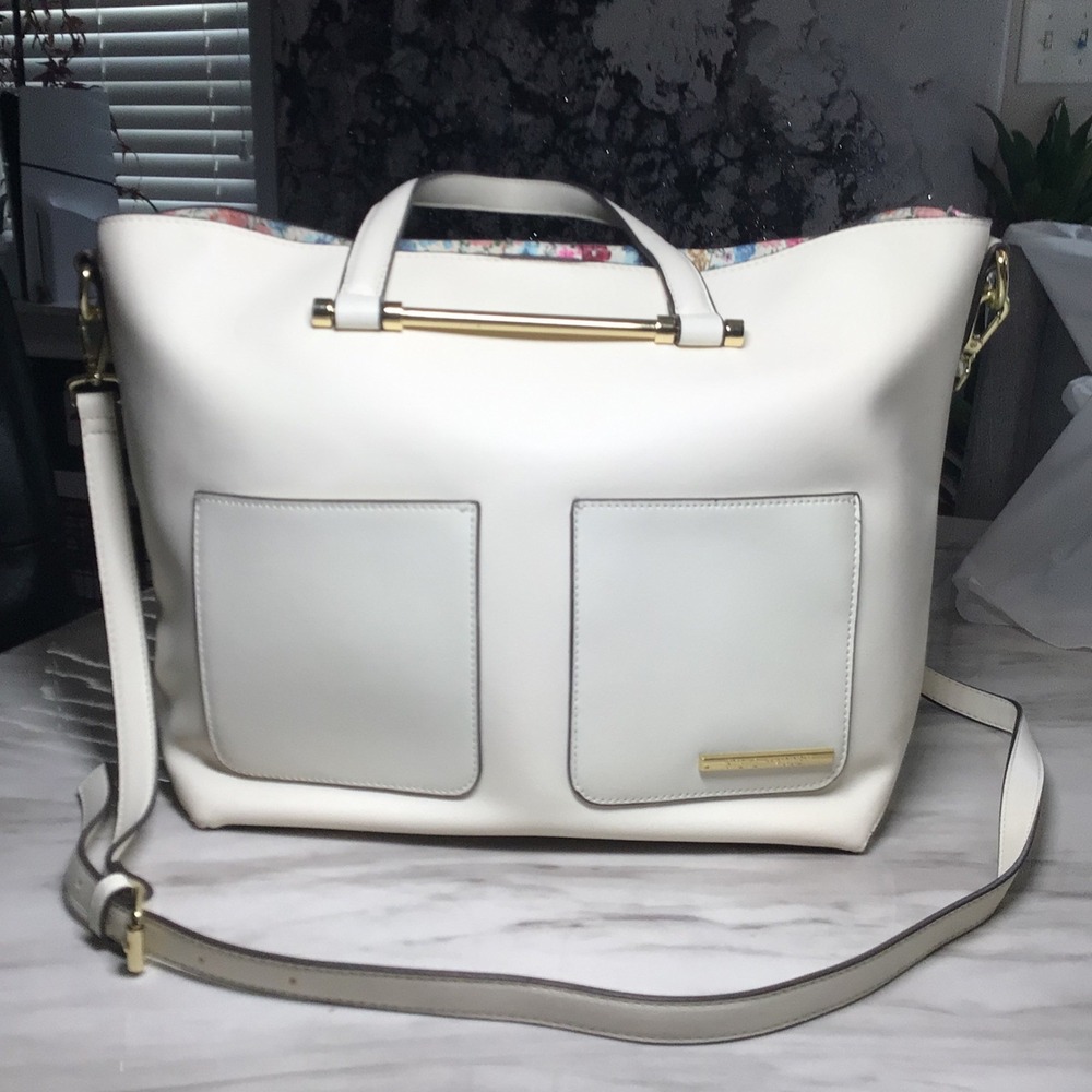 Steve Madden Cream Satchel Handbag Convertible Crossbody with Floral interior - Picture 4 of 16